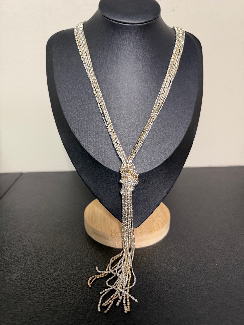 Elegant Gold and Silver Knot Tassel Lariat Statement Necklace